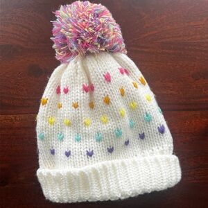 pom pom rainbow heart winter hat, 2-4T